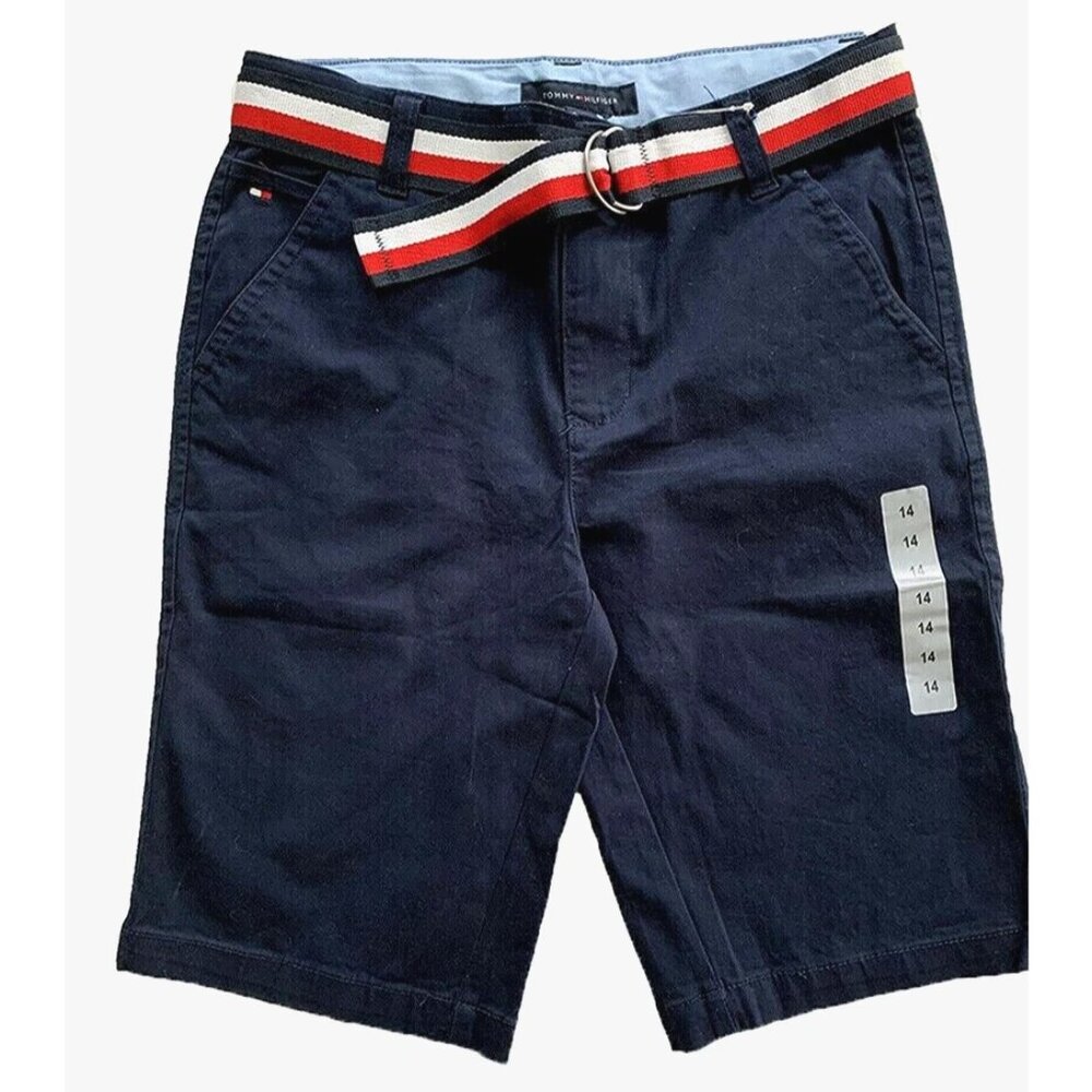 NEW Tommy Hilfiger Boys Youth Chino Uniform Shorts Adjustable Waist Belted Navy - Picture 3 of 5